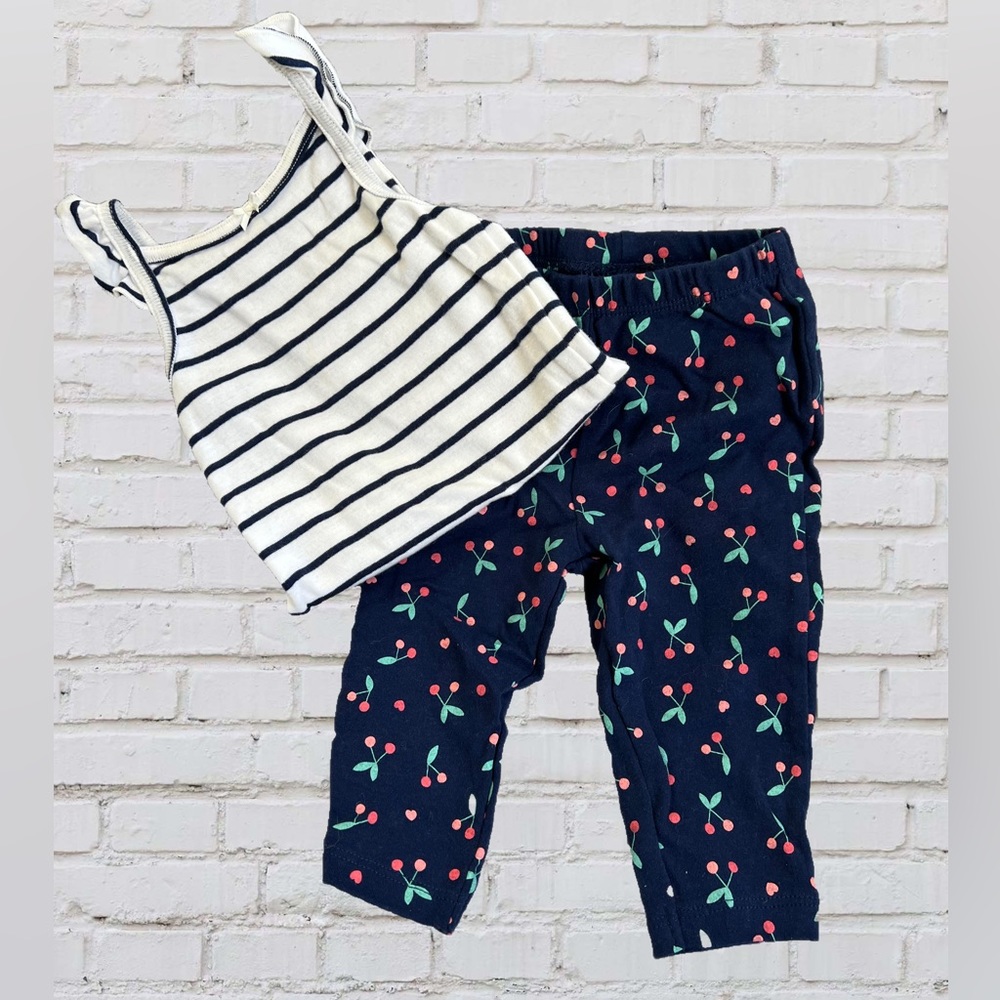 Carters 2 Piece Outfit, Striped Tank Top with Navy Cherry Print Pants, 6 months